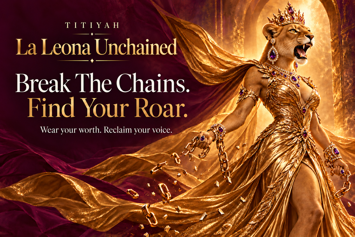 La Leona Unchained: crowned lioness queen in gold breaking chains. Break The Chains. Find Your Roar.